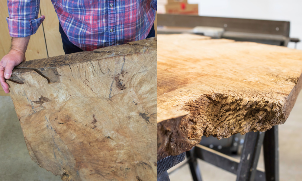man checking if his wood is dry next to drying live edge scab