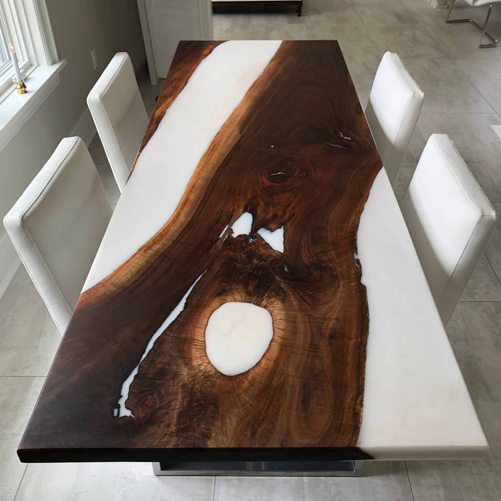 white epoxy and black walnut conference table